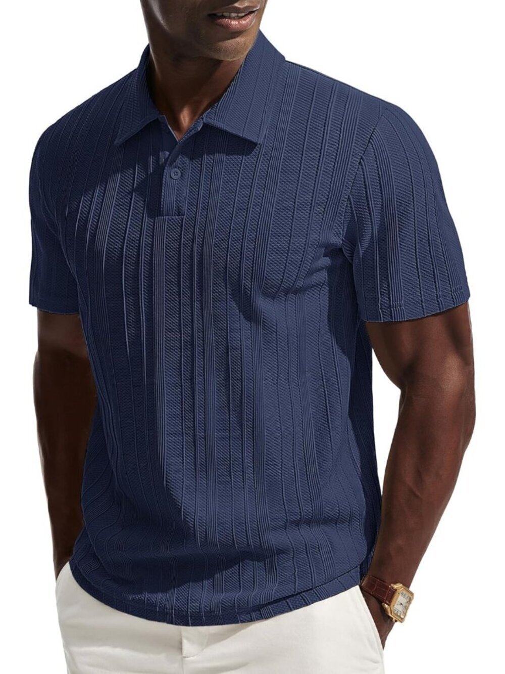 Men's Navy Blue Polo Shirts Short Sleeve Casual Textured Knit Collared Golf